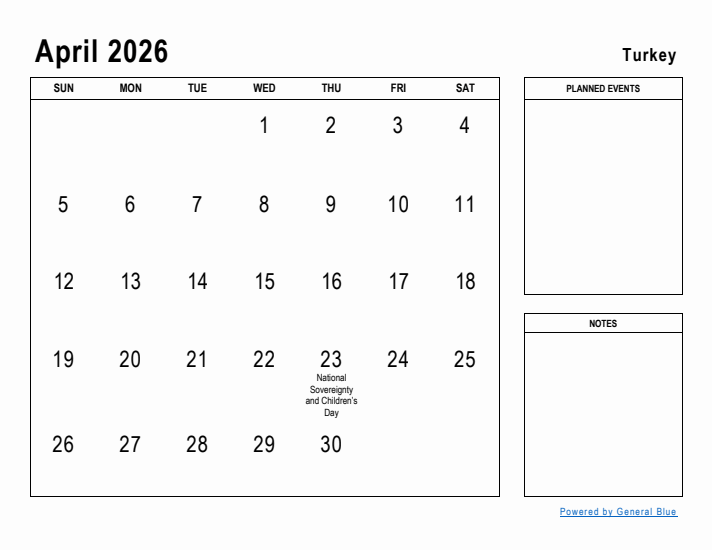 April 2026 Printable Monthly Calendar with Turkey Holidays