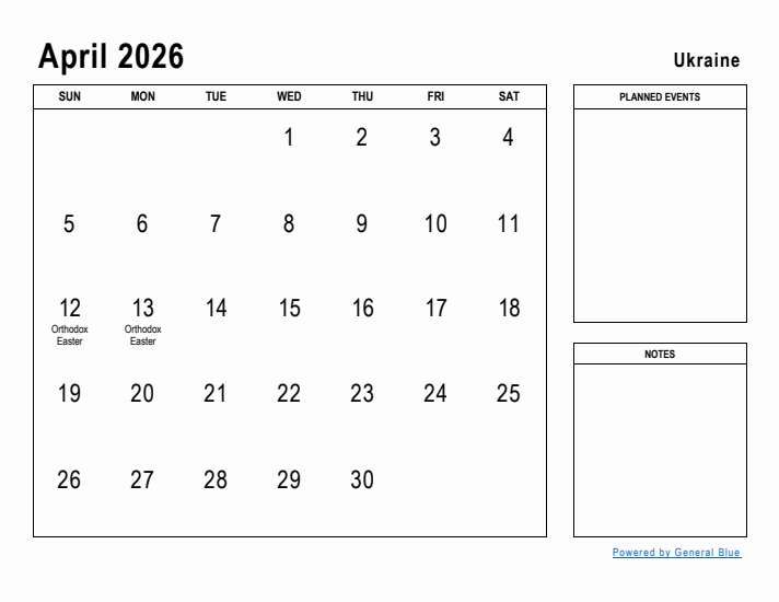 April 2026 Printable Monthly Calendar with Ukraine Holidays