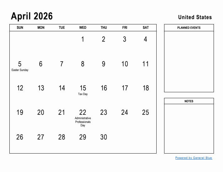 April 2026 Printable Monthly Calendar with United States Holidays