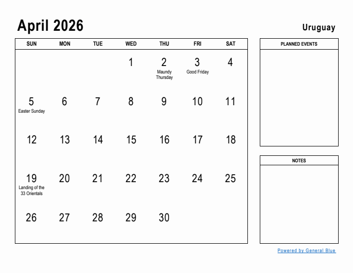 April 2026 Printable Monthly Calendar with Uruguay Holidays