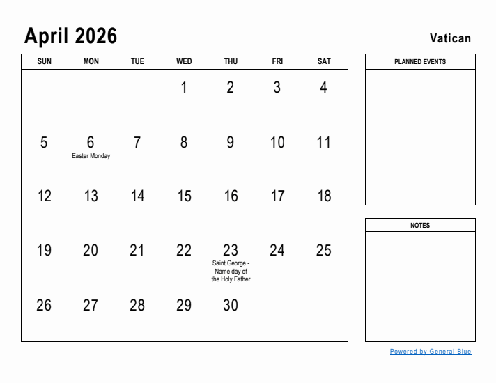 April 2026 Printable Monthly Calendar with Vatican Holidays