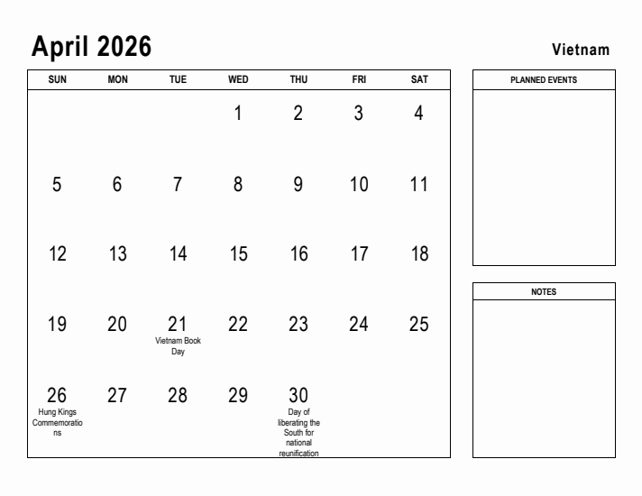 April 2026 Printable Monthly Calendar with Vietnam Holidays