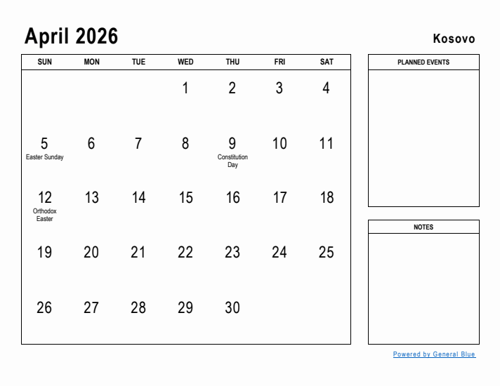 April 2026 Printable Monthly Calendar with Kosovo Holidays