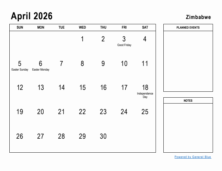 April 2026 Printable Monthly Calendar with Zimbabwe Holidays