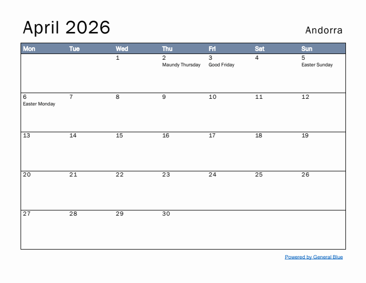 April 2026 Simple Monthly Calendar for Andorra