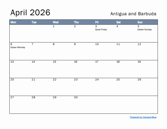 April 2026 Simple Monthly Calendar for Antigua and Barbuda