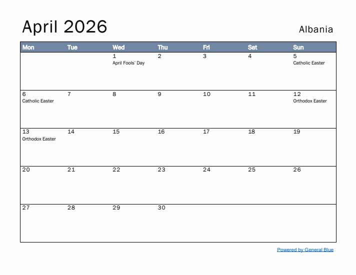 April 2026 Simple Monthly Calendar for Albania