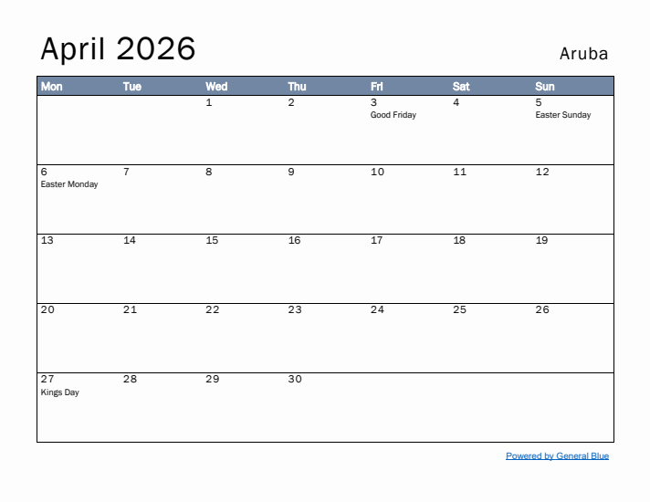 April 2026 Simple Monthly Calendar for Aruba