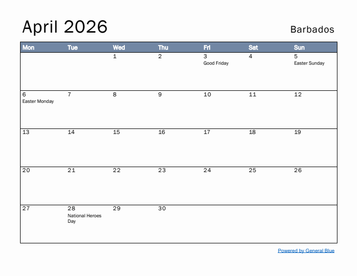 April 2026 Simple Monthly Calendar for Barbados