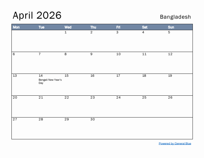 April 2026 Simple Monthly Calendar for Bangladesh