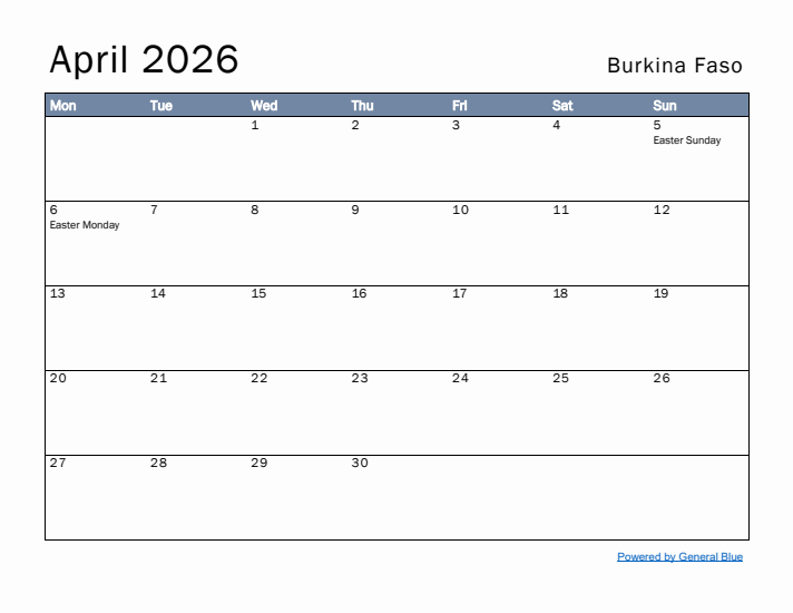 April 2026 Simple Monthly Calendar for Burkina Faso