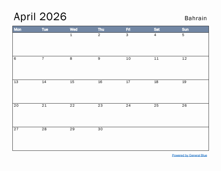 April 2026 Simple Monthly Calendar for Bahrain