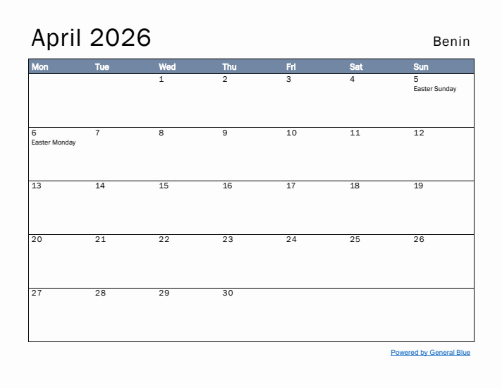 April 2026 Simple Monthly Calendar for Benin