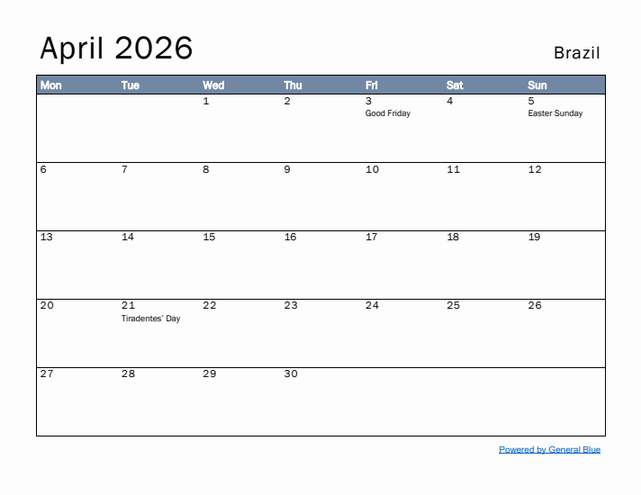 April 2026 Simple Monthly Calendar for Brazil