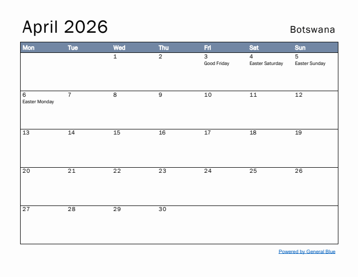 April 2026 Simple Monthly Calendar for Botswana