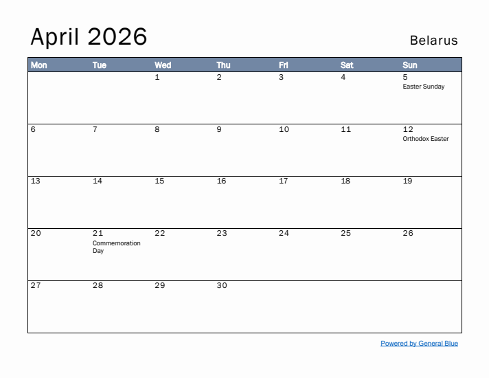 April 2026 Simple Monthly Calendar for Belarus