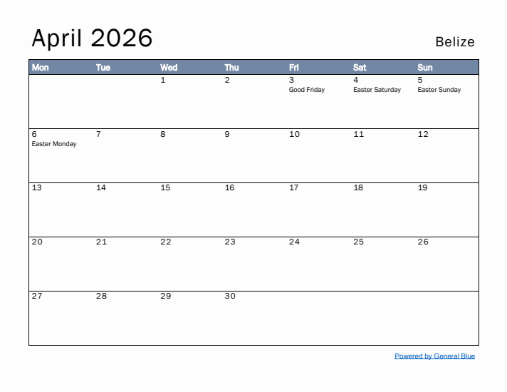 April 2026 Simple Monthly Calendar for Belize