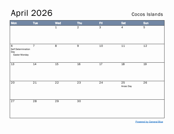 April 2026 Simple Monthly Calendar for Cocos Islands