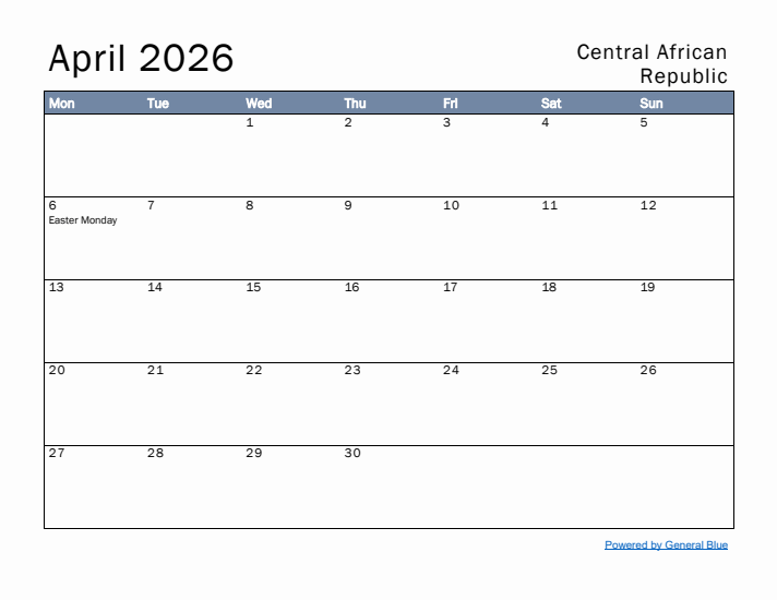 April 2026 Simple Monthly Calendar for Central African Republic