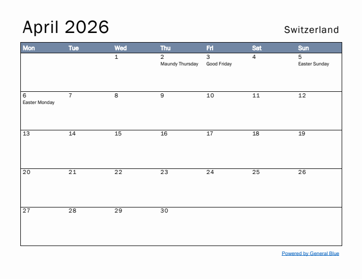 April 2026 Simple Monthly Calendar for Switzerland