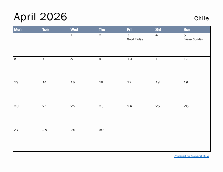 April 2026 Simple Monthly Calendar for Chile