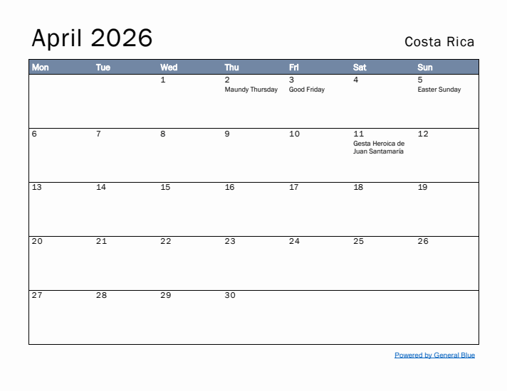 April 2026 Simple Monthly Calendar for Costa Rica