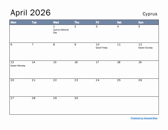 April 2026 Simple Monthly Calendar for Cyprus