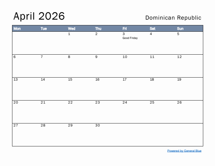 April 2026 Simple Monthly Calendar for Dominican Republic