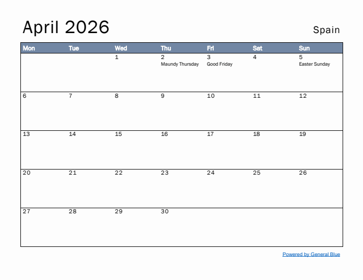 April 2026 Simple Monthly Calendar for Spain