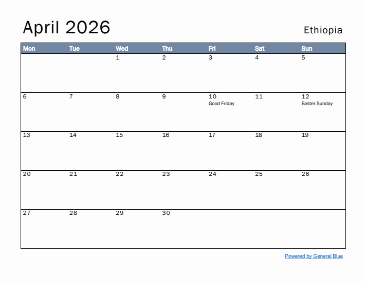 April 2026 Simple Monthly Calendar for Ethiopia