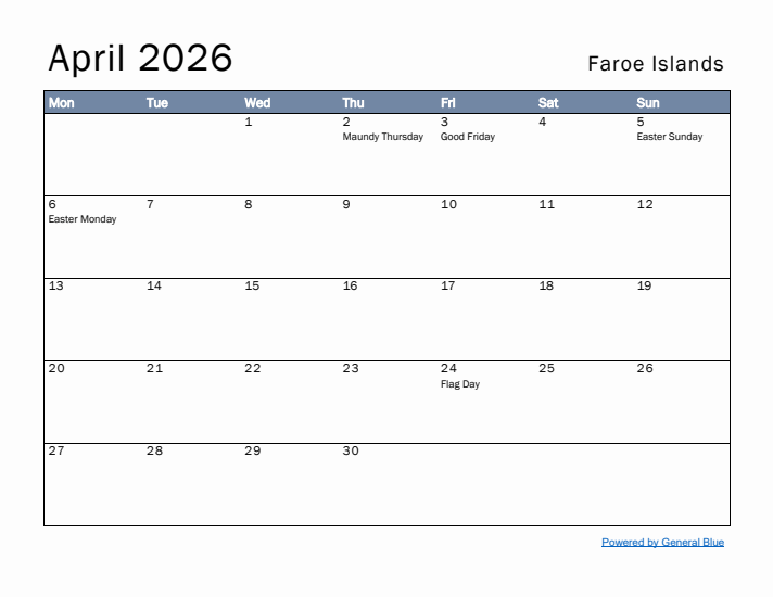 April 2026 Simple Monthly Calendar for Faroe Islands