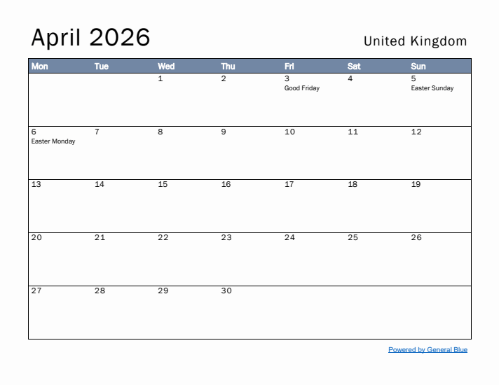 April 2026 Simple Monthly Calendar for United Kingdom