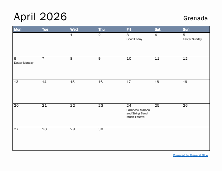 April 2026 Simple Monthly Calendar for Grenada