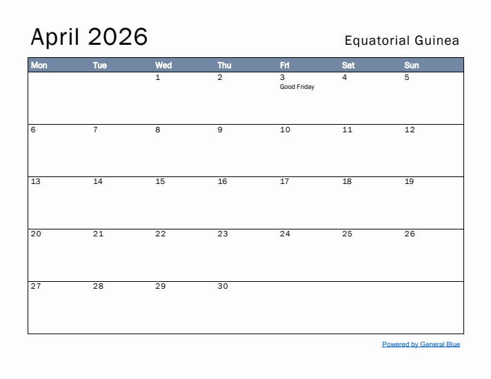 April 2026 Simple Monthly Calendar for Equatorial Guinea