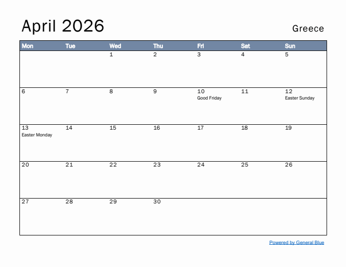 April 2026 Simple Monthly Calendar for Greece