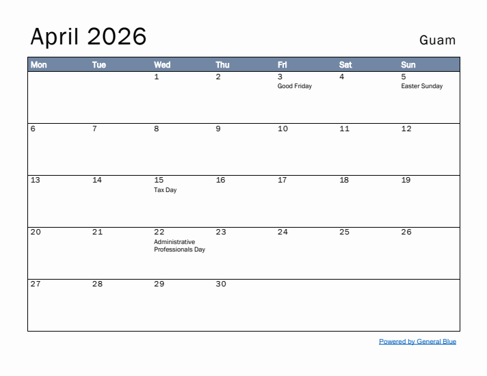 April 2026 Simple Monthly Calendar for Guam