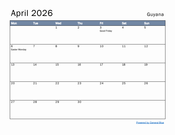 April 2026 Simple Monthly Calendar for Guyana