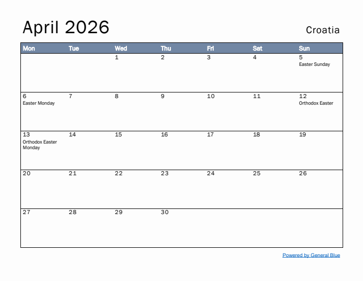 April 2026 Simple Monthly Calendar for Croatia