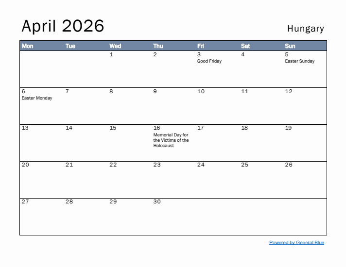 April 2026 Simple Monthly Calendar for Hungary