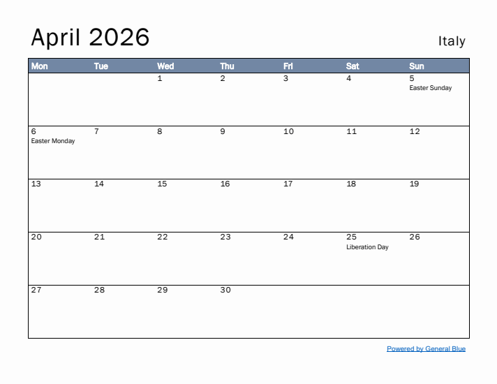 April 2026 Simple Monthly Calendar for Italy