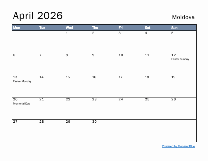 April 2026 Simple Monthly Calendar for Moldova