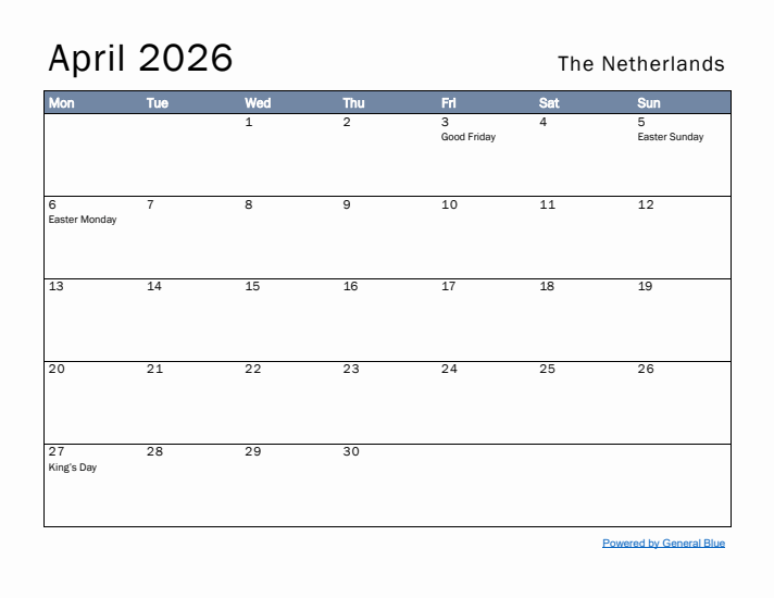 April 2026 Simple Monthly Calendar for The Netherlands