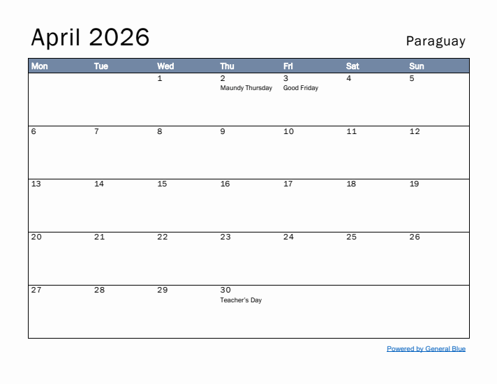 April 2026 Simple Monthly Calendar for Paraguay