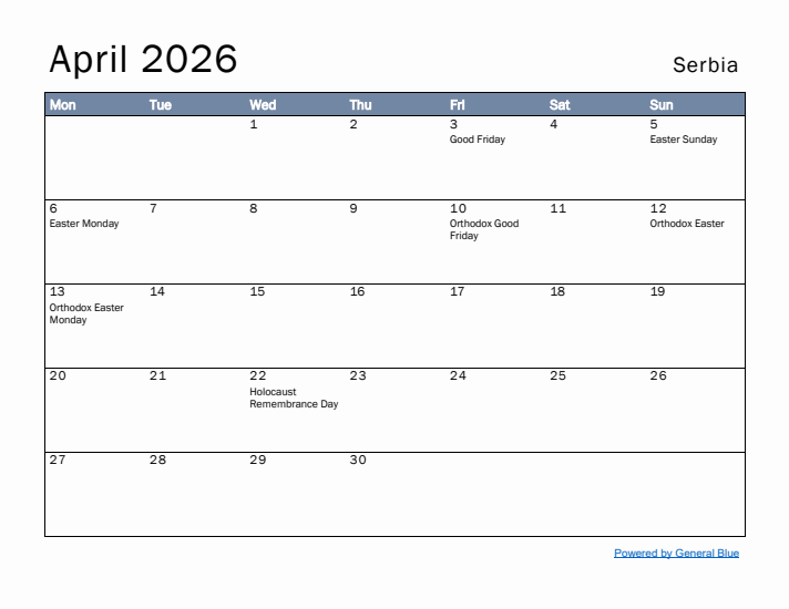 April 2026 Simple Monthly Calendar for Serbia