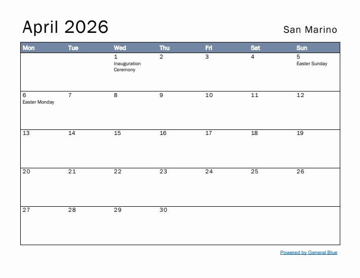 April 2026 Simple Monthly Calendar for San Marino