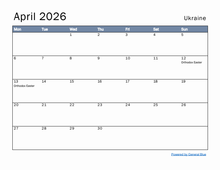 April 2026 Simple Monthly Calendar for Ukraine