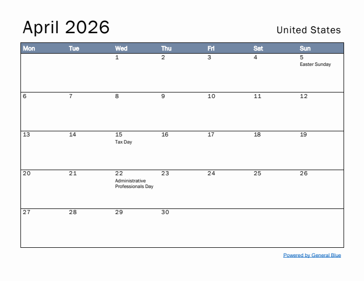 April 2026 Simple Monthly Calendar for United States