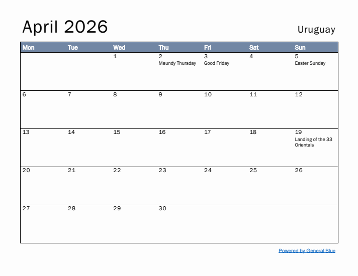 April 2026 Simple Monthly Calendar for Uruguay