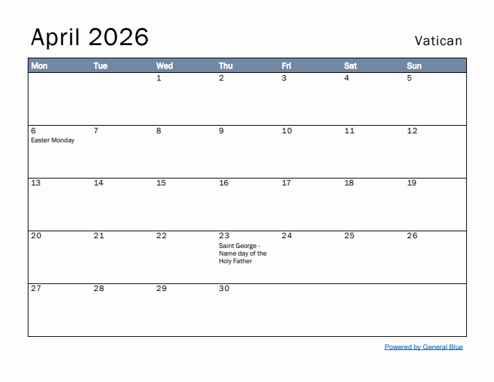 April 2026 Simple Monthly Calendar for Vatican