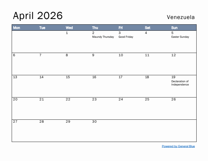 April 2026 Simple Monthly Calendar for Venezuela